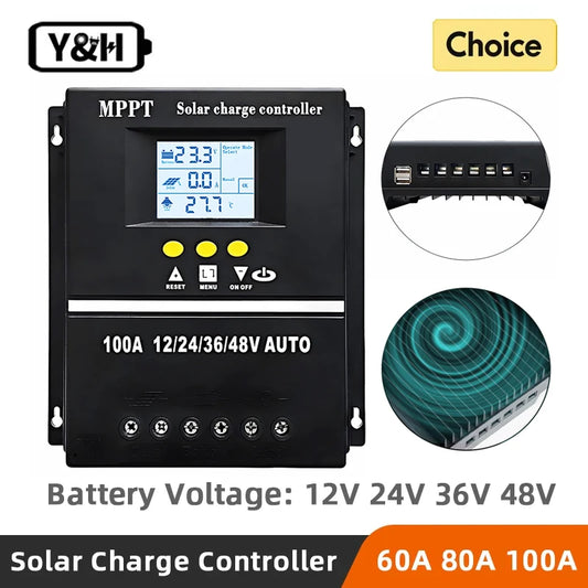 Solar charge controller with digital display and multiple voltage options on a white background.