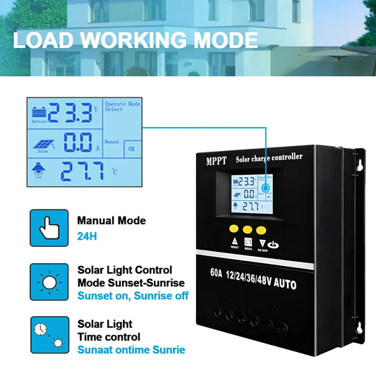 Solar charge controller with digital display and control options on a white background