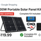 100W Portable Solar Panel Kit with solar panels, controller, and cables on a white background.