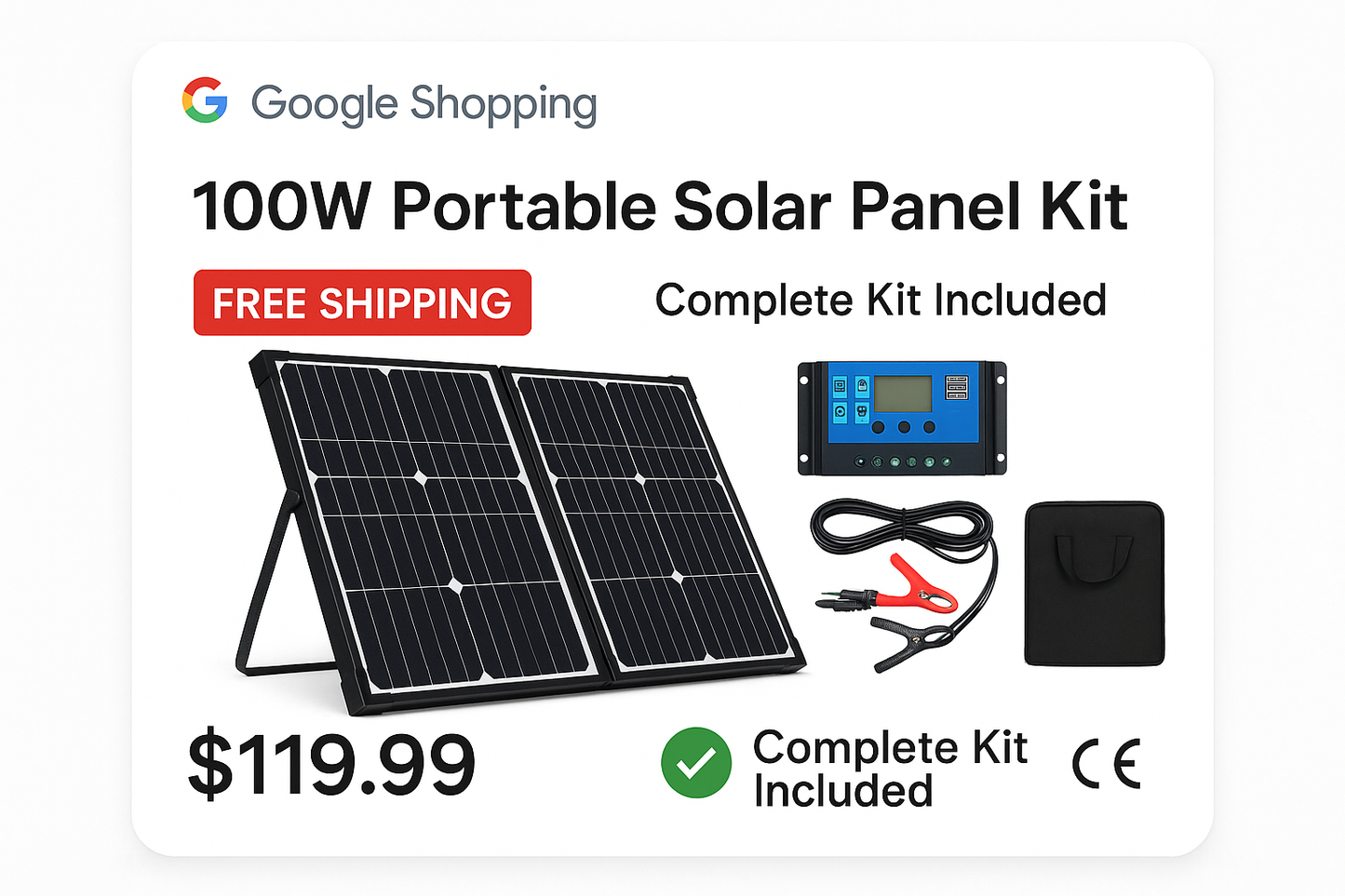 100W Portable Solar Panel Kit with solar panels, controller, and cables on a white background.