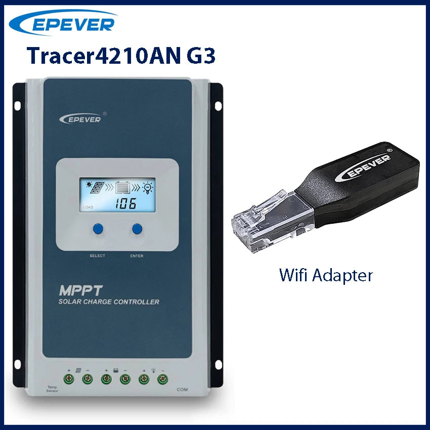 EPEVER Tracer4210AN G3 solar charge controller with a Wi-Fi adapter on a white background