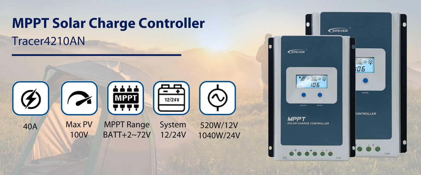 MPPT Solar Charge Controller Tracer4210AN with specifications on a blurred outdoor background
