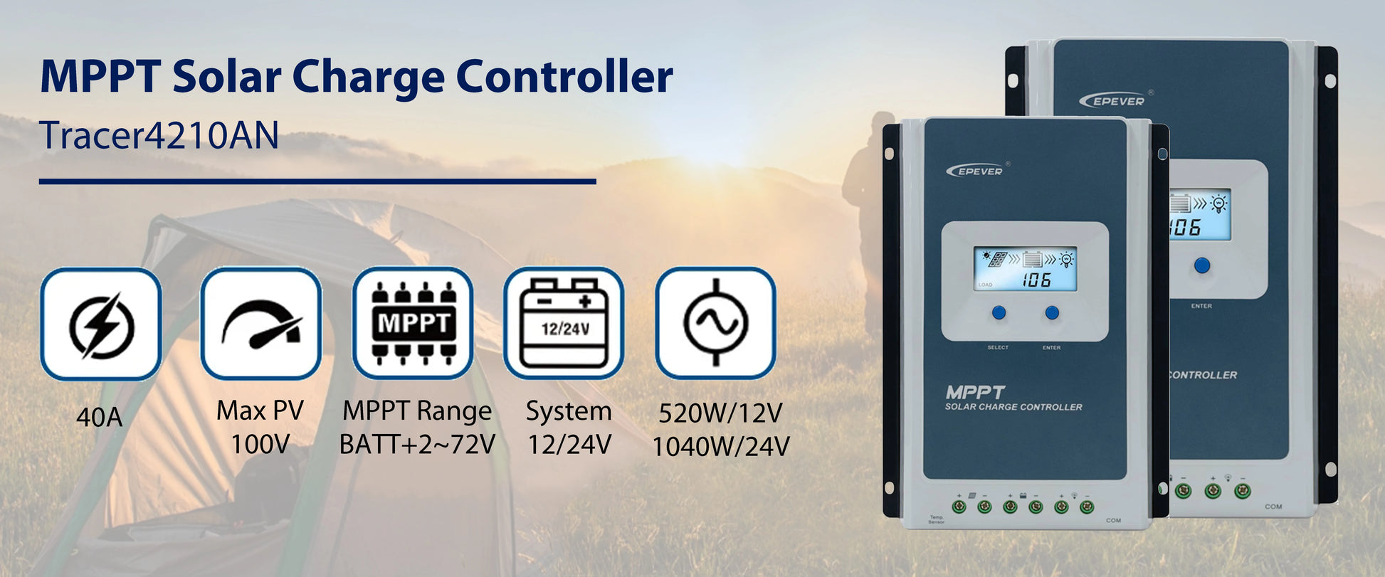 MPPT Solar Charge Controller Tracer4210AN with specifications on a blurred outdoor background