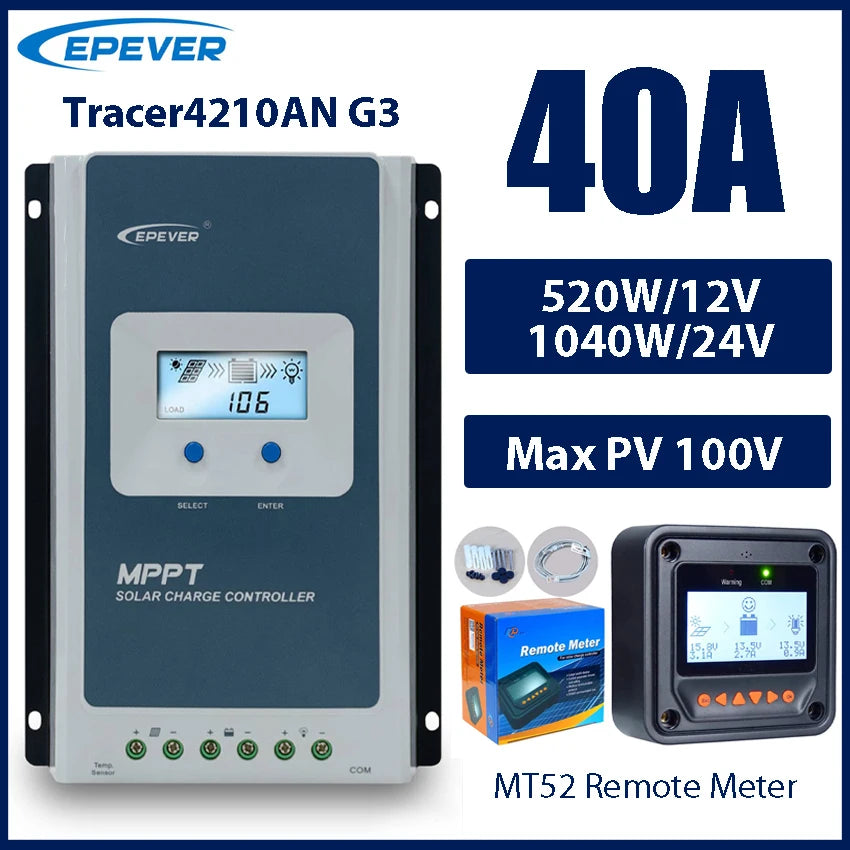 40A MPPT Solar Charge Controller 12V 24V Battery Voltage Max Solar Panel 100V EPEVER Regulator With MT52 Data Monitor