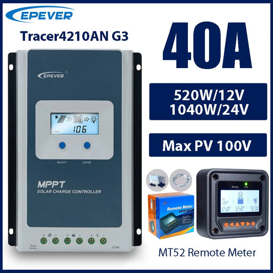 40A MPPT Solar Charge Controller 12V 24V Battery Voltage Max Solar Panel 100V EPEVER Regulator With MT52 Data Monitor