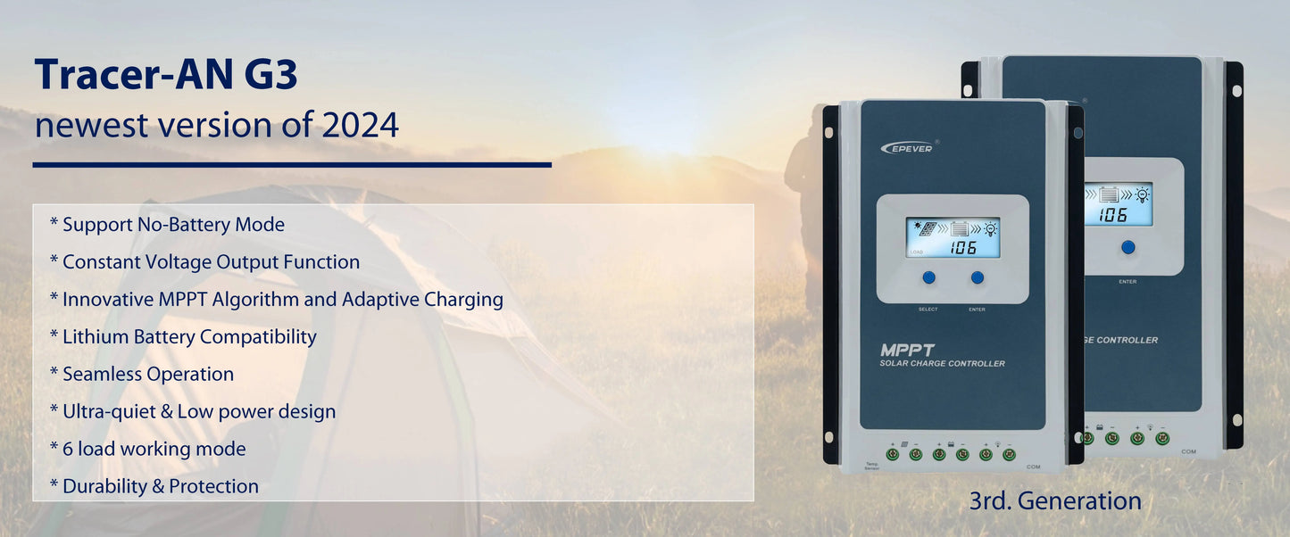 Tracer-AN G3 solar controller with specifications on a desert landscape background