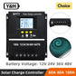 Solar charge controller with digital display and multiple voltage options on a white background.