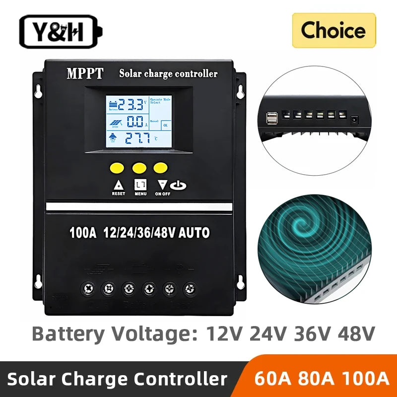 Solar charge controller with digital display and multiple voltage options on a white background.