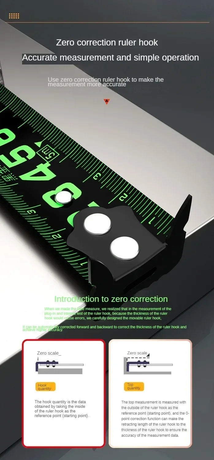 Zero correction ruler hook with measurement details on a dark background