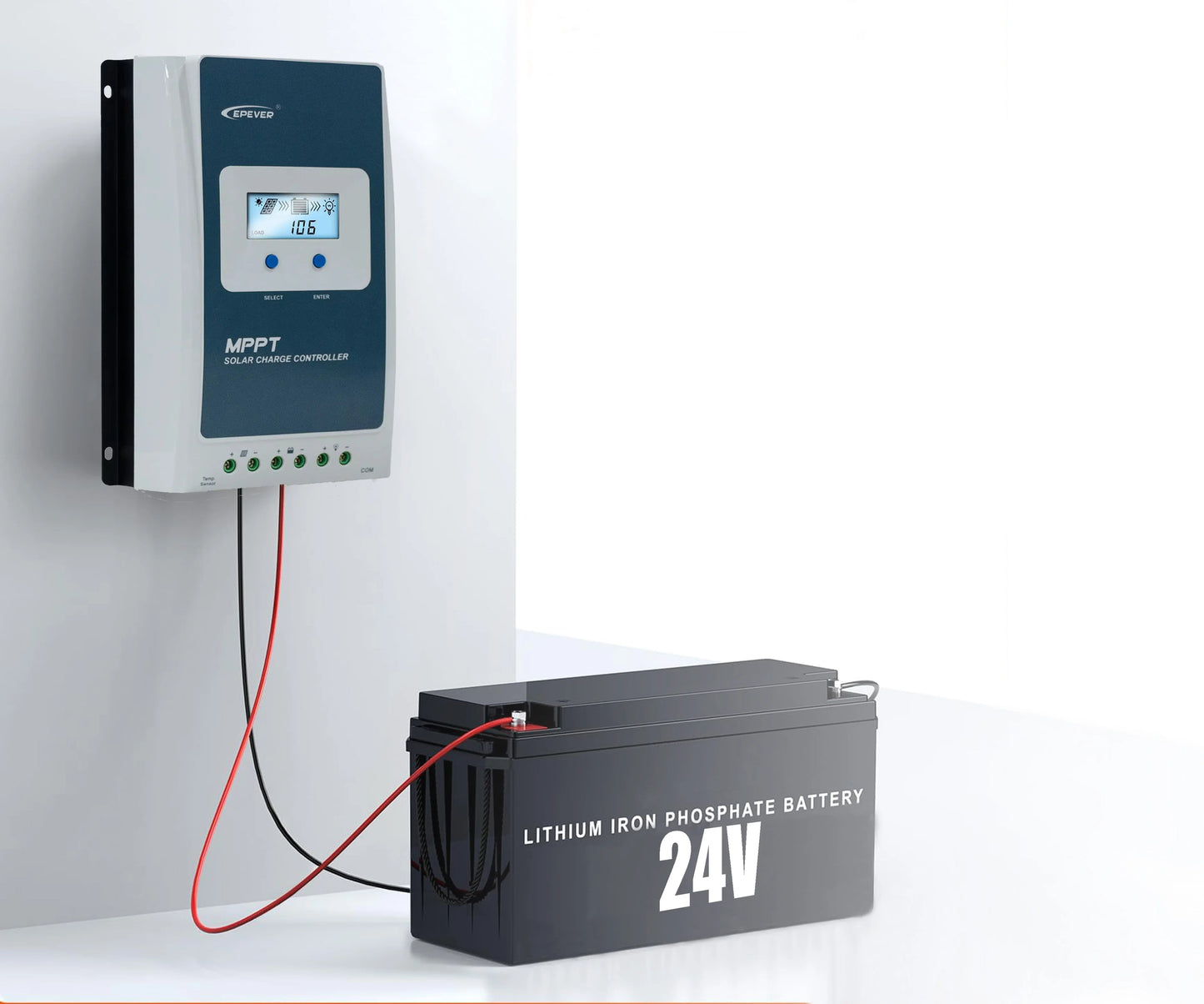 Lithium iron phosphate battery and charger on a white background