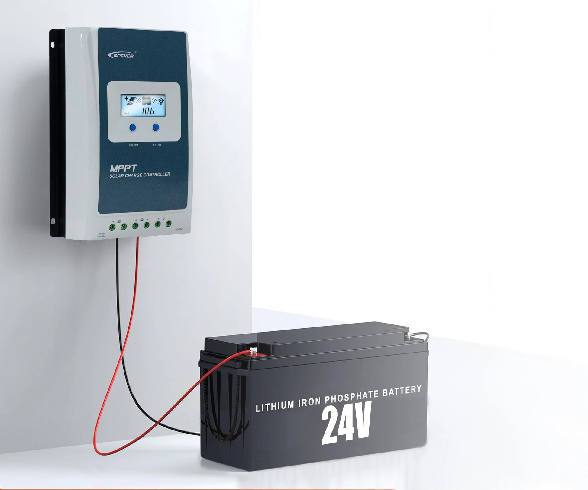 Lithium iron phosphate battery and charger on a white background