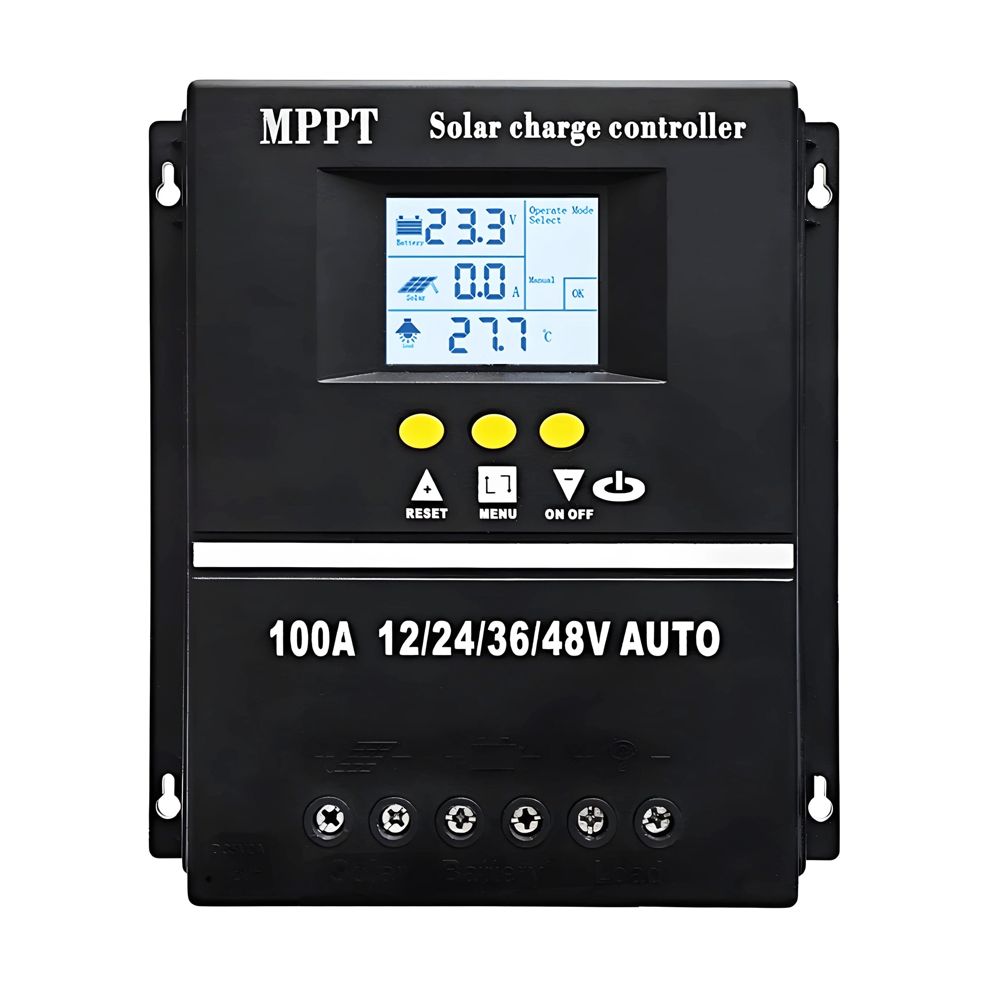 Solar charge controller with digital display on a white background