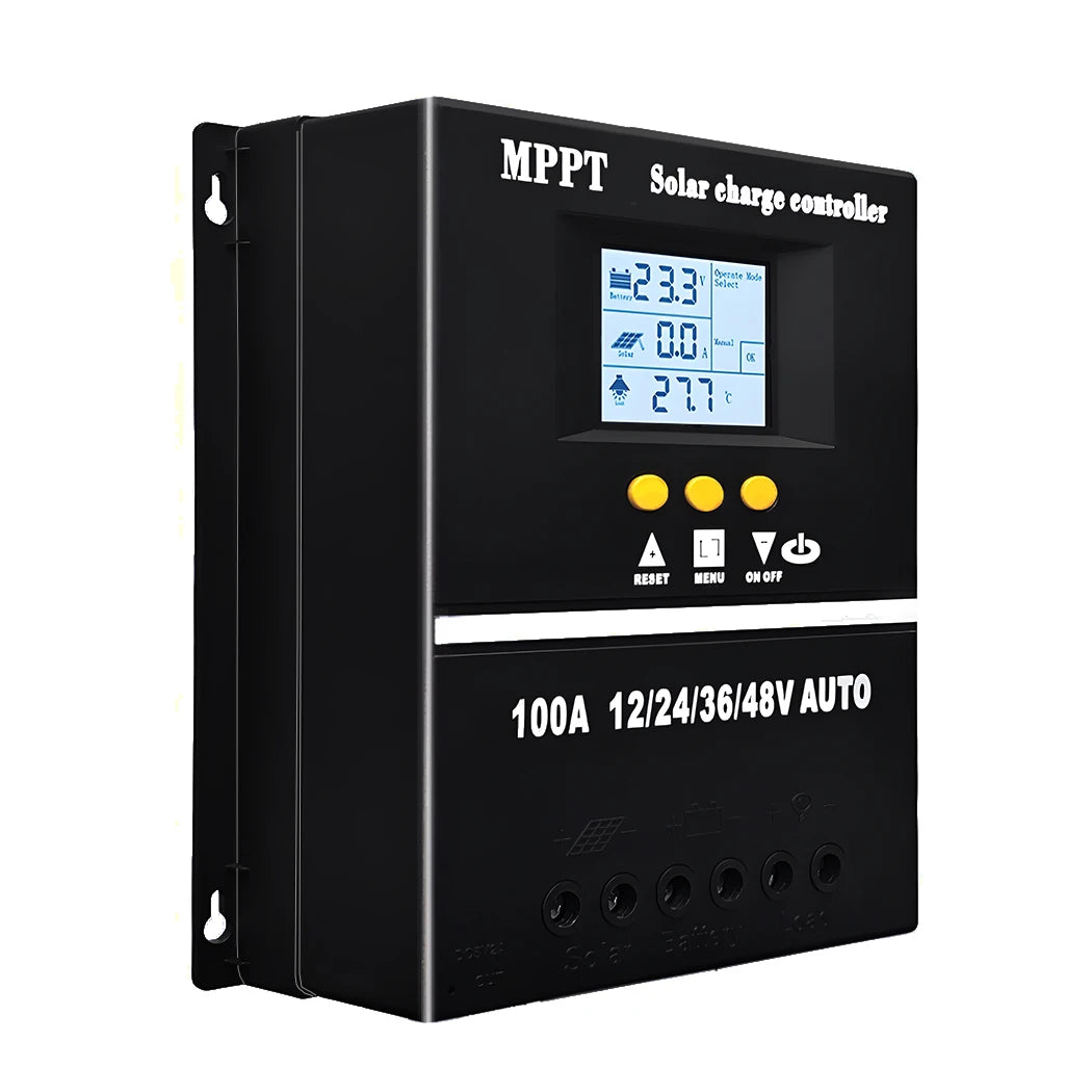 Black solar charge controller with digital display on a white background