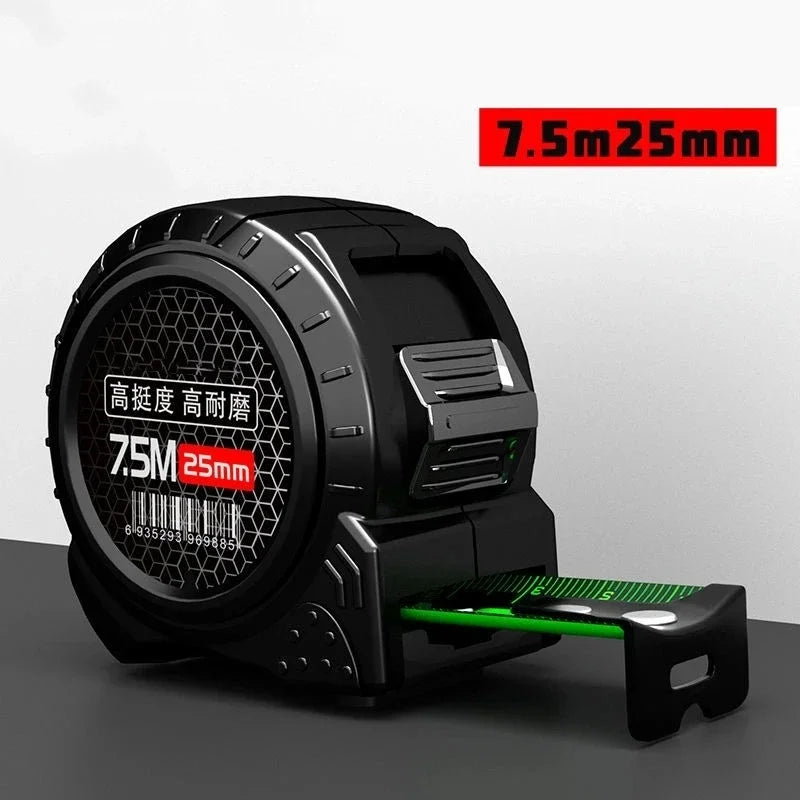 Black tape measure with green blade on a gray background