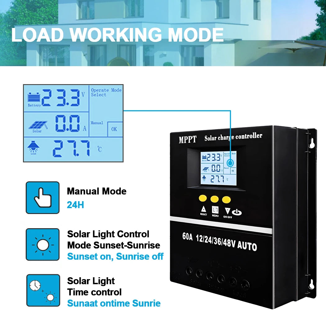 Solar charge controller with digital display and control options on a white background