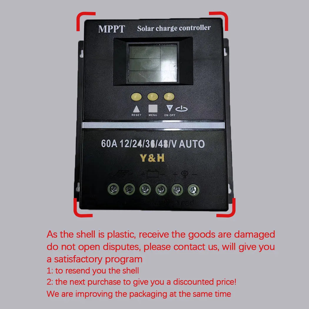 Solar charge controller with text on a gray background