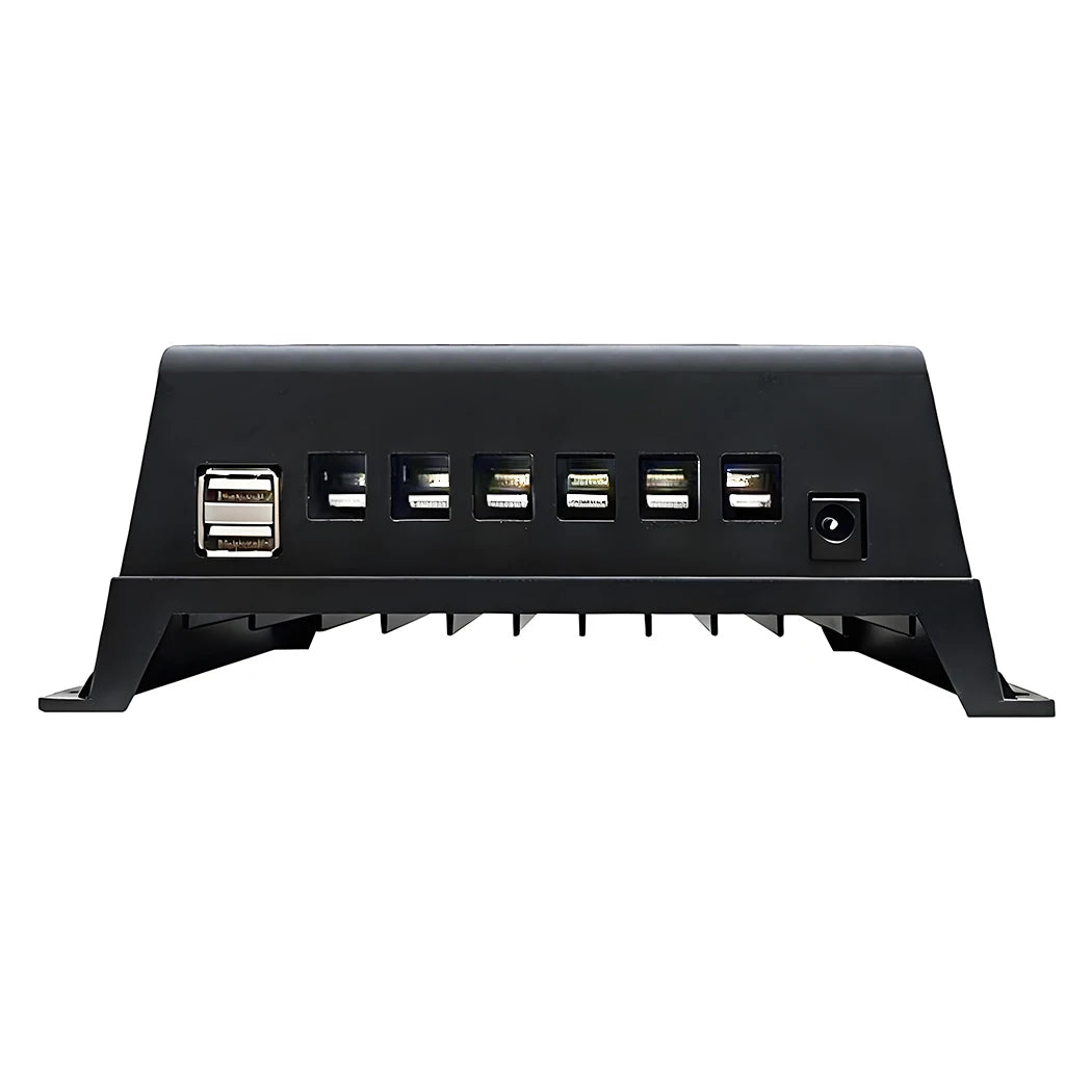 Black electronic device with multiple ports on a white background