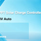 Solar charge controller with features listed on a blue gradient background