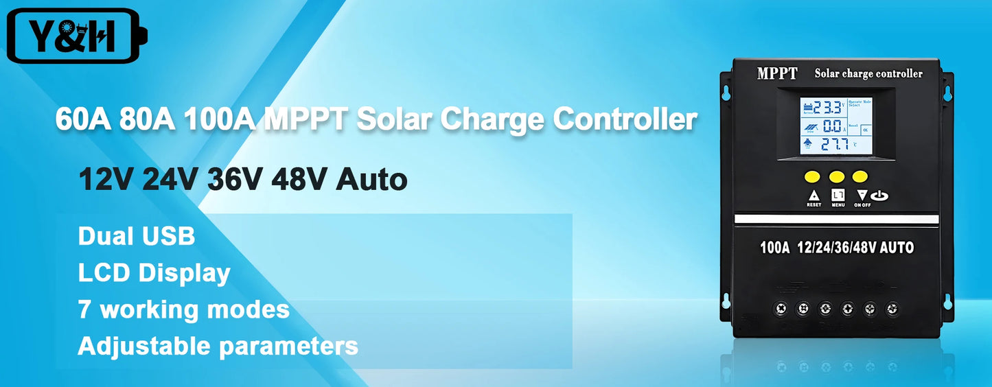 Solar charge controller with features listed on a blue gradient background